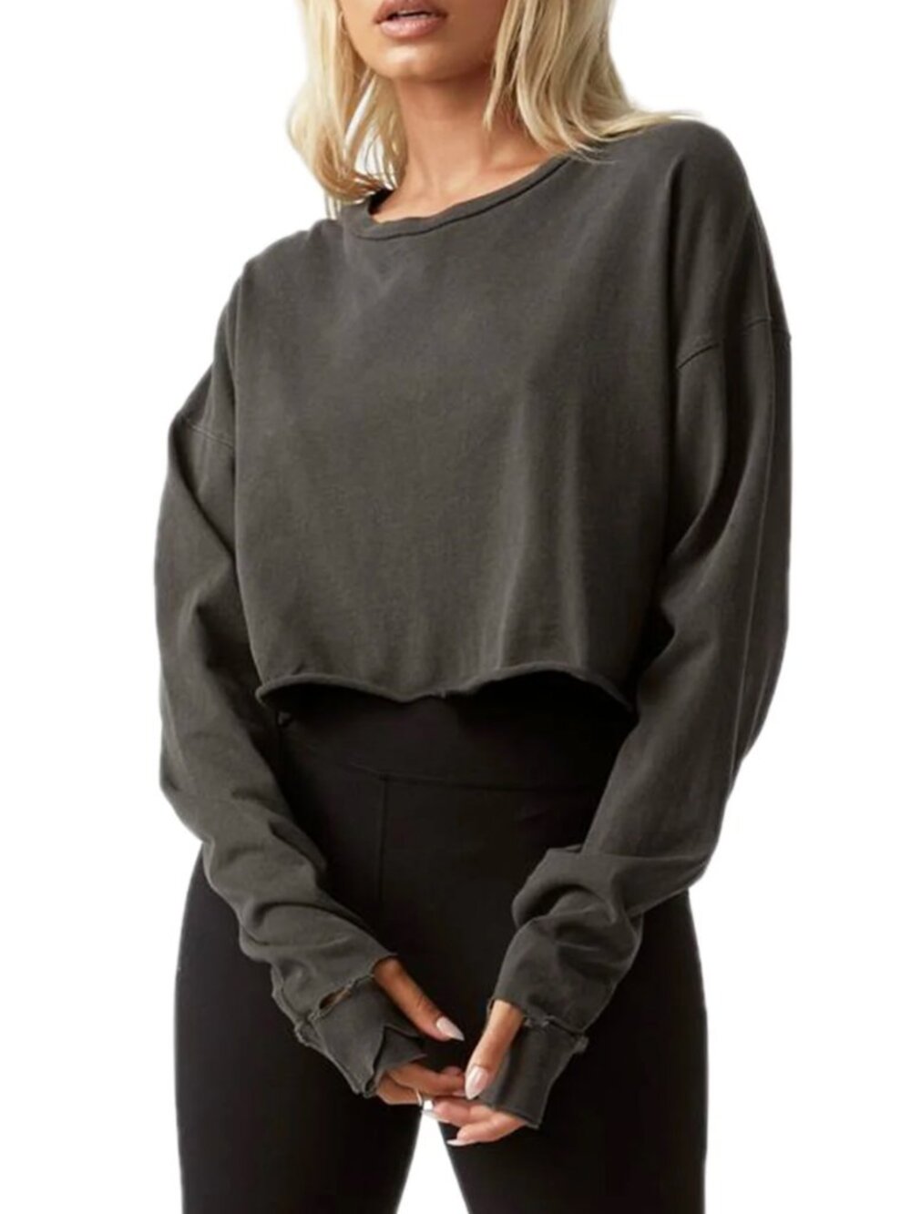 Joah Brown Distressed Long Sleeve Crop Top